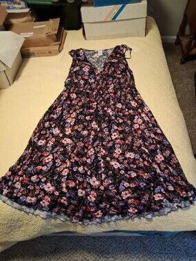 American Rag Women's Floral A-Line Midi Dress in Black with Pink & Purple Blooms